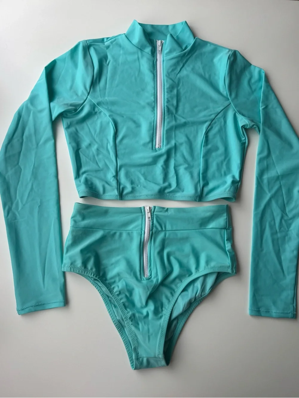 Fashion Nova Teal Long Sleeve Zip Bikini Set